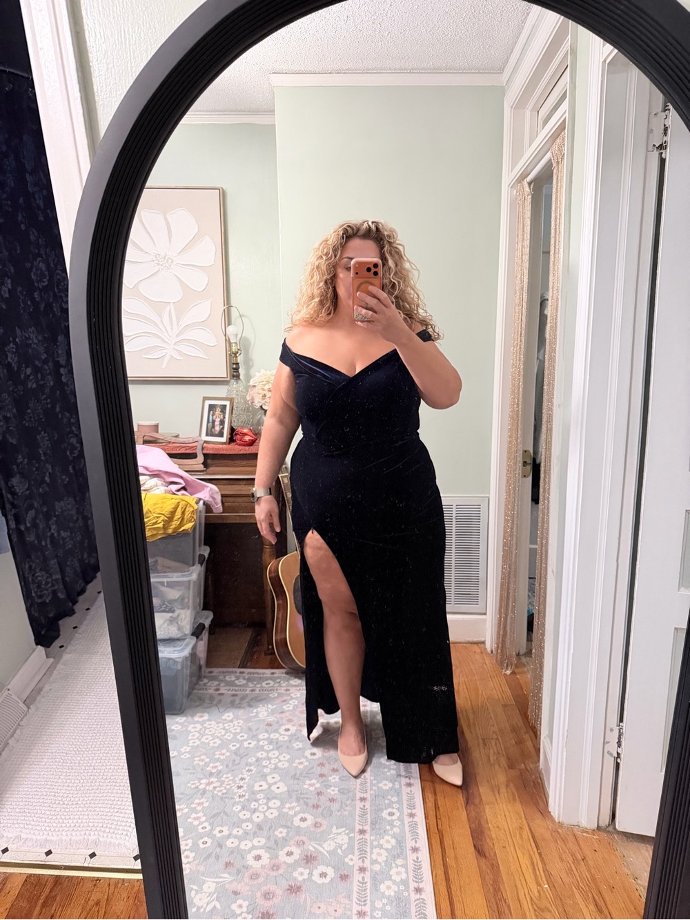 Amazon Off-Shoulder Black Velvet Evening Gown with Thigh Slit